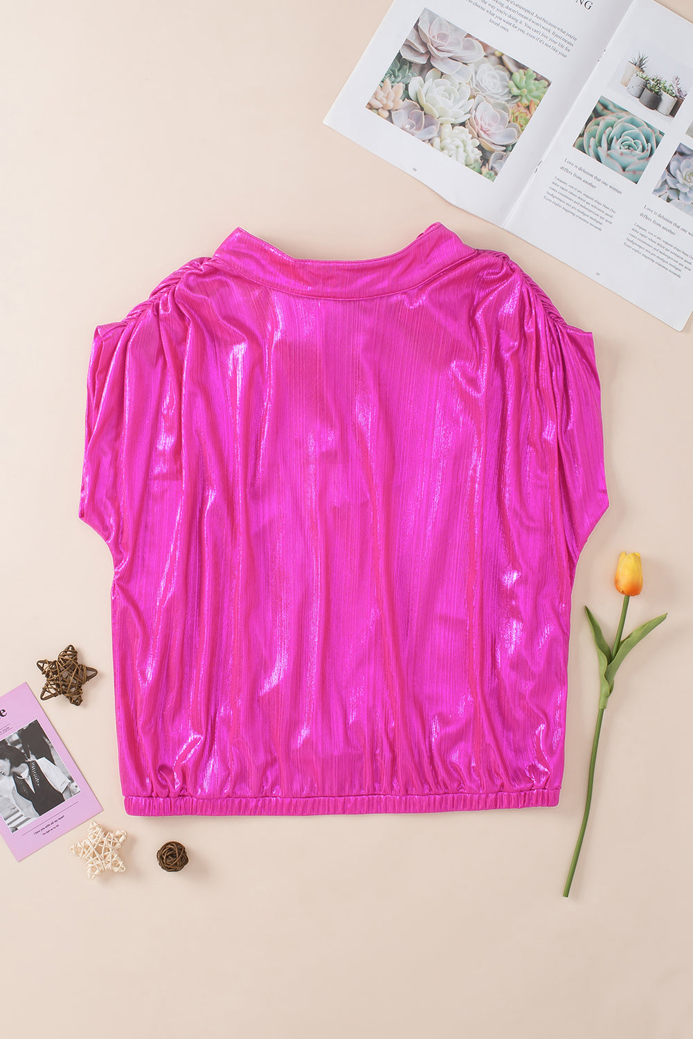 Maniche arricciate rosa brillante blusa senza schienale annodata