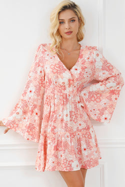 High Waist Smocked Floral Bell Sleeve Mini Dress