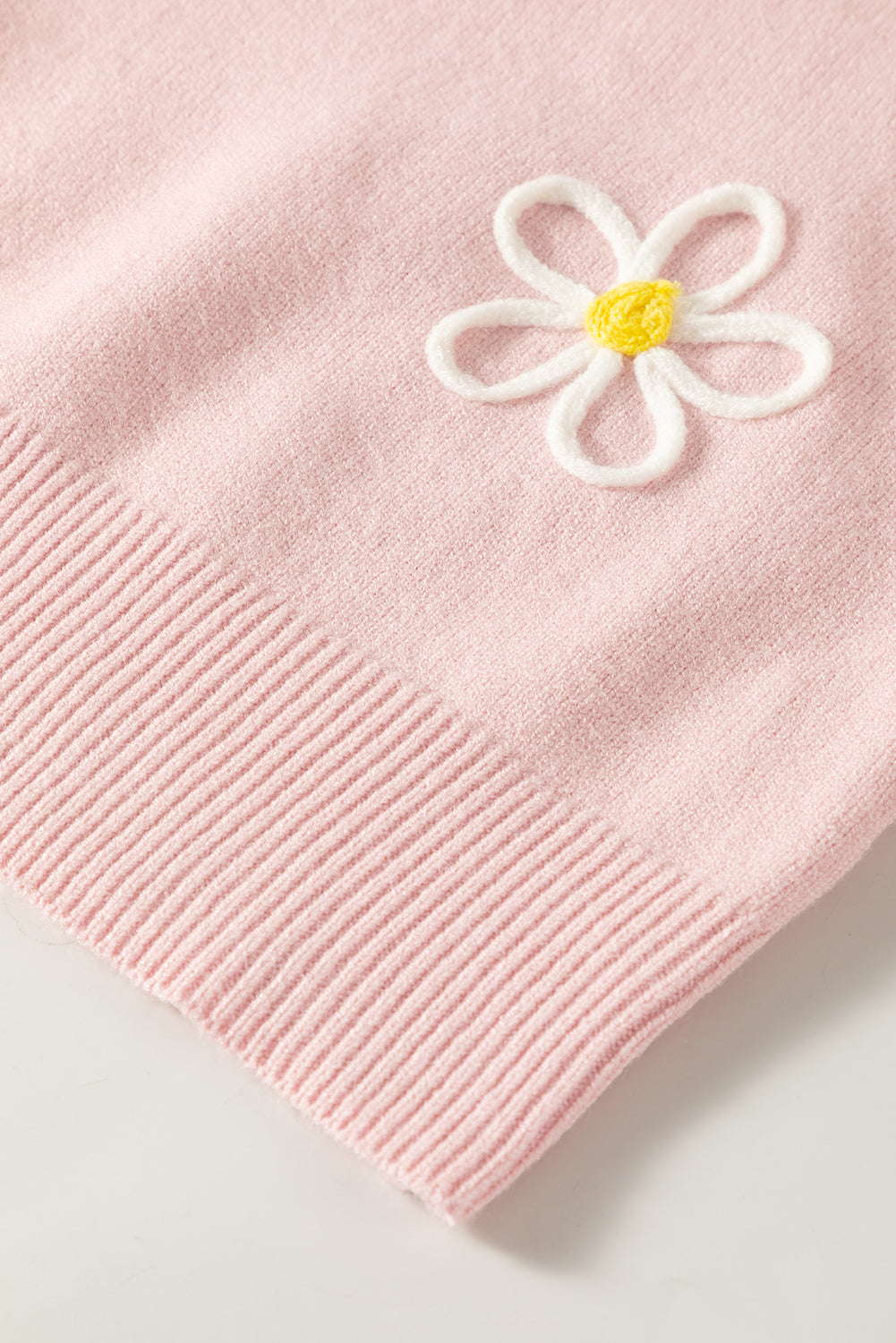 Pink Chenille Daisy Stitching Crew Neckpullover