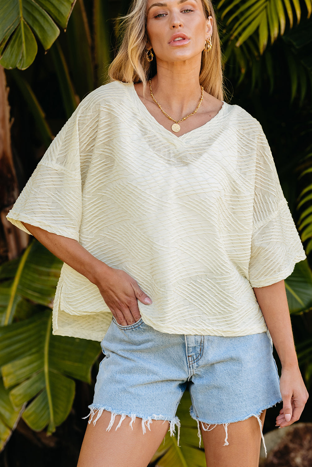 BEIGE V Neck Textured Split Hem surdimensionné