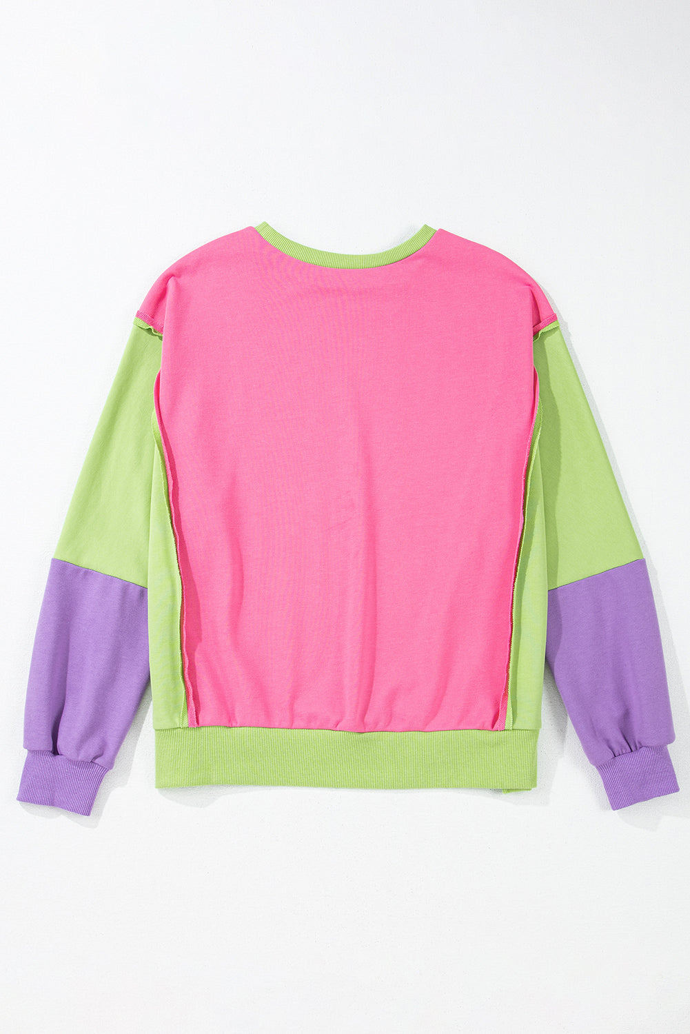 Sweat-shirt décontracté à col rond et coutures exposées color block rose