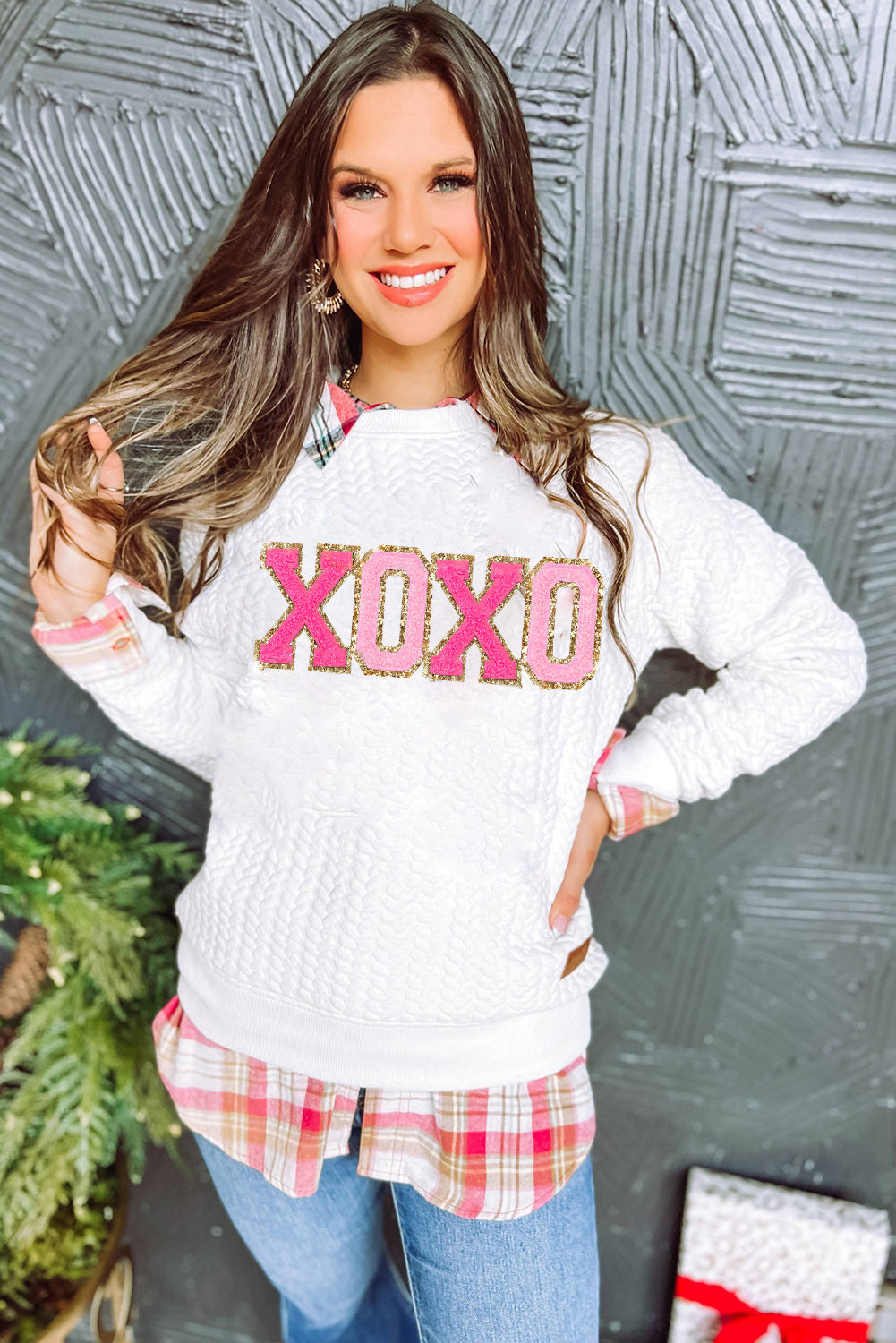 Sudadera de cable de cable de chenilla xoxo white xoxo