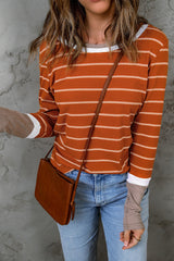 Extend Brown Ribbed Knit Striped Sweater with Color Block Cuffs