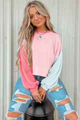 Top de manga larga y hombros caídos en cuentas de bloque de parche con cordón rosa