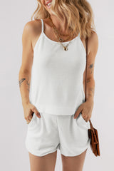 Ensemble caraco et short en tricot gaufré blanc texturé à bretelles spaghetti-A WOMAN WE LOVE