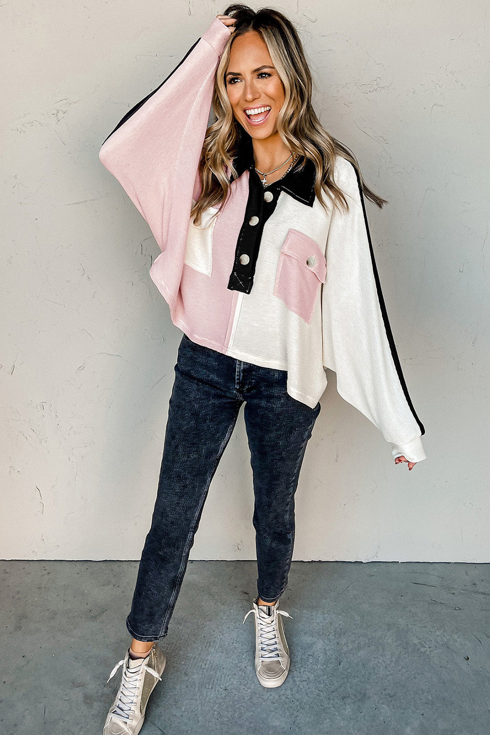 Multi-colored Henley Neck Top with Color Block Flap Pockets