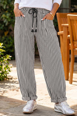 Pantalon ample rayé en coton à cordon et poches