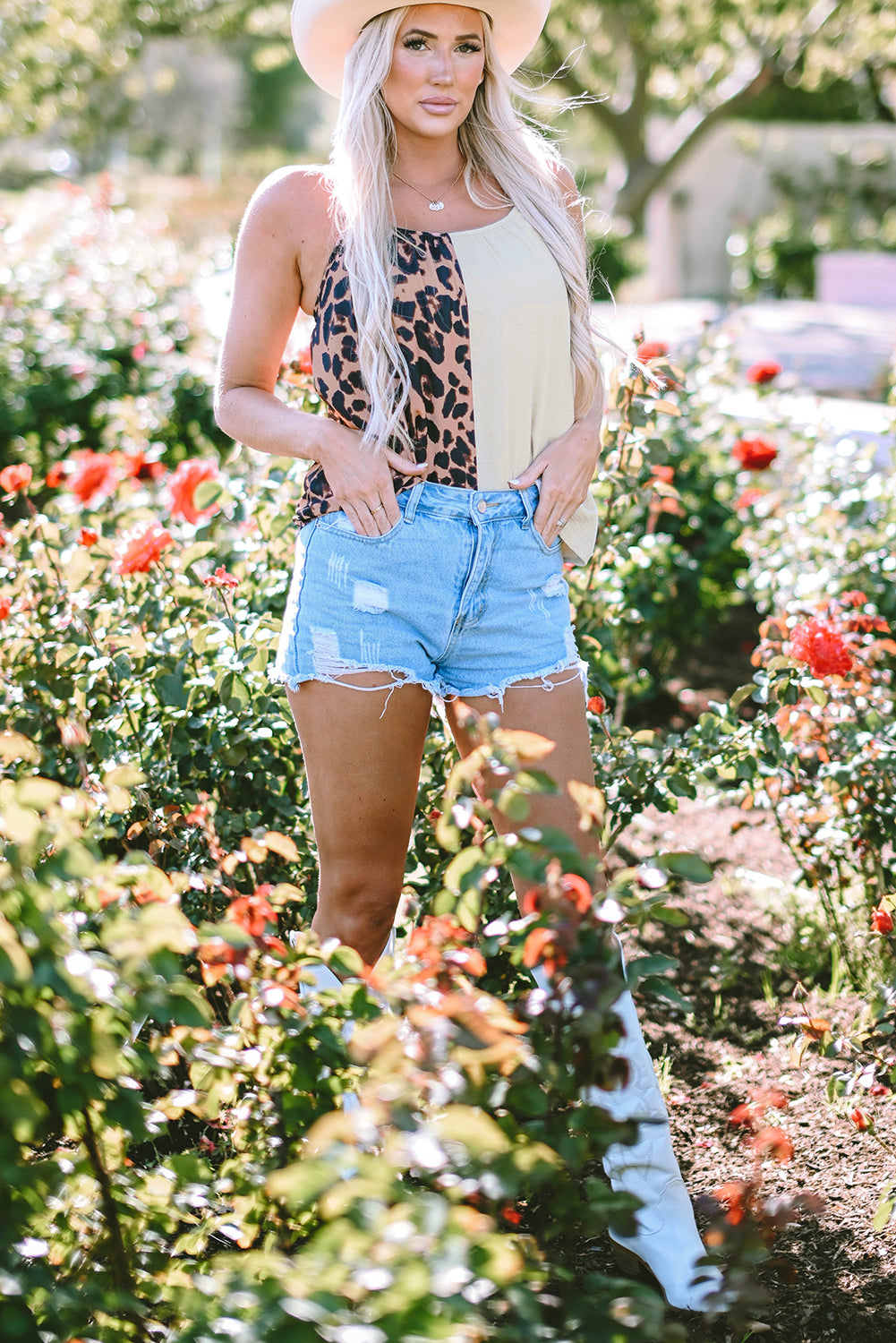 Khaki Leopard Contrast Patchwork Spaghetti Tank canotta