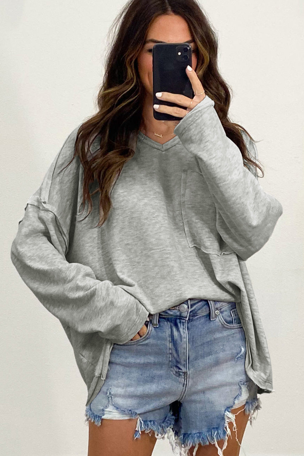 Gray Pocketed Oversized Drop Sleeve Top