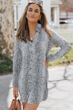 Vestido de camisa de manga larga y estampado de animales de leopardo