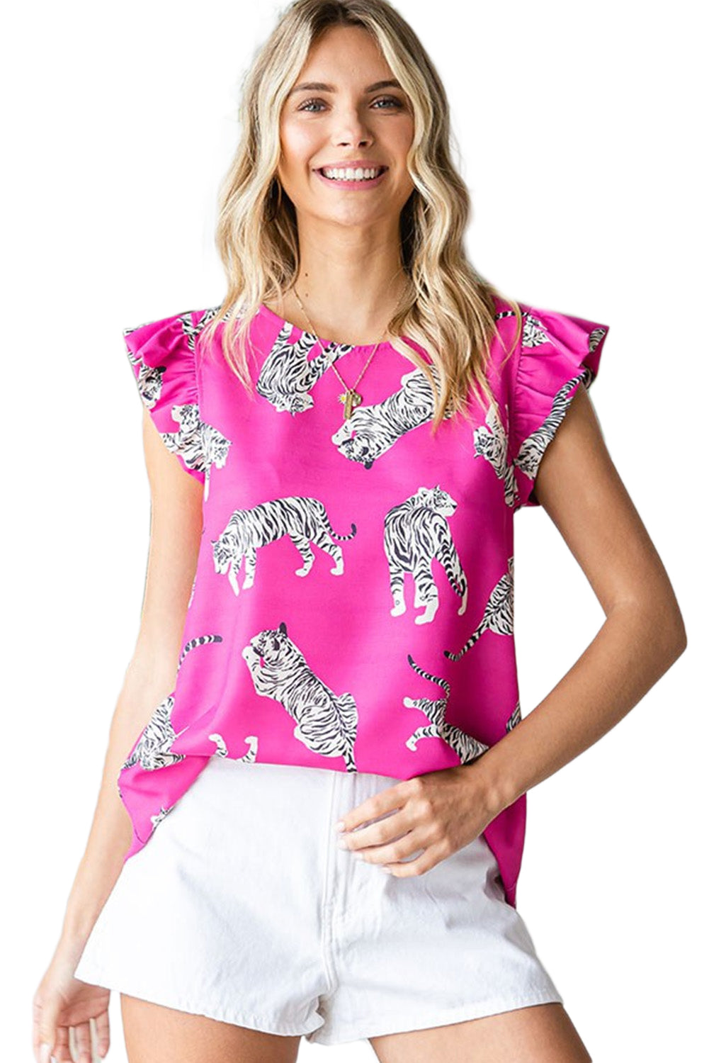 Rose Tiger Match Flutter Sleeve Crew Neck Chemis