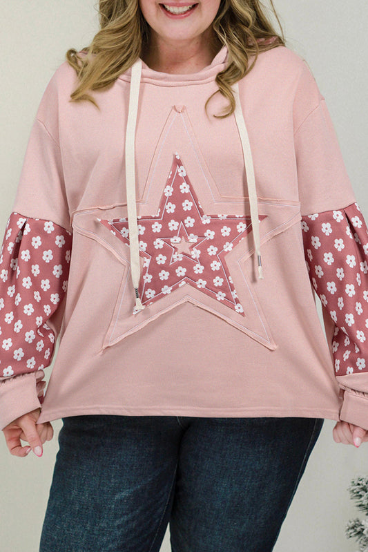 Sweat à capuche Delicacy Star Patch Graphic Floral Color Block avec cordon de serrage de grande taille