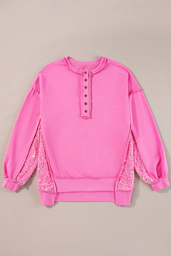 Henley sweatshirt with high and low hem in patchwork of candy sequins