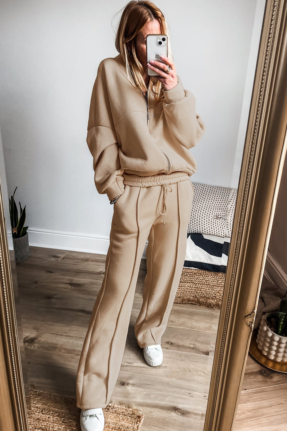 Apricot Plain Stitch Zip-Up Jacket and Drawstring Waist Pants Set