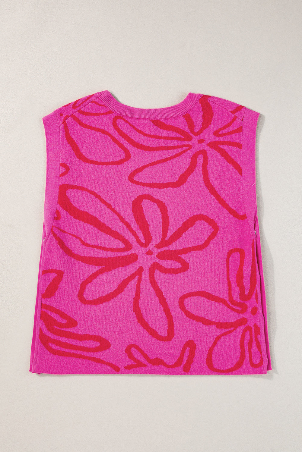 Bright Pink Button Sides Sleeveless Floral Knitted Top