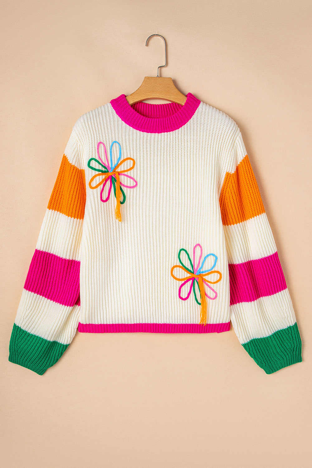 Pull ample en tricot torsadé à imprimé floral color block beige