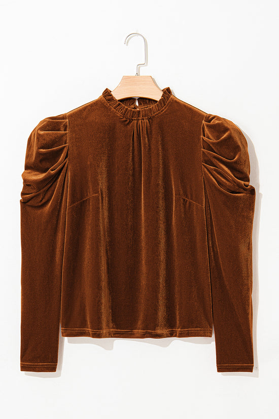 Chestnut velvet top with puffed sleeves and ruffled collar