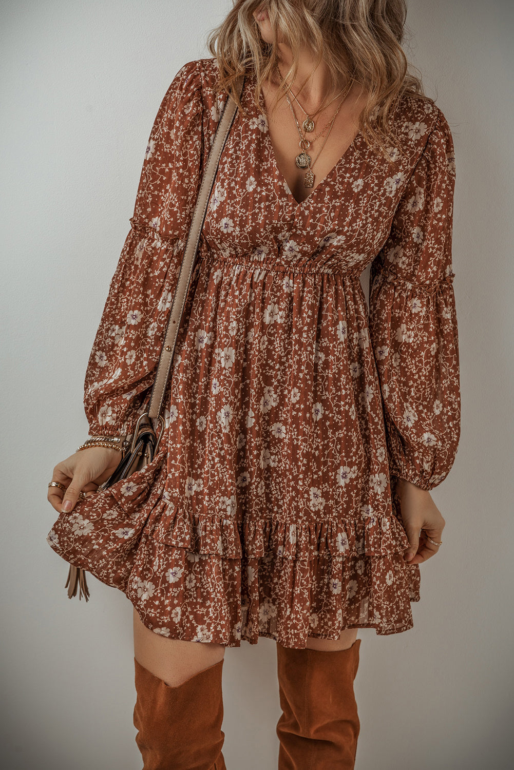 Brown V-Neck Ruffle Puff Sleeve Floral Boho Mini Dress