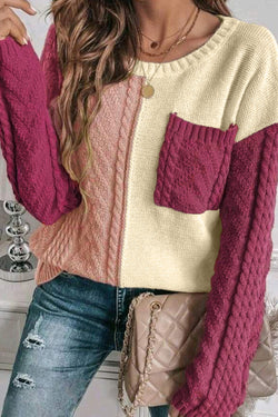 Color Block sweater with plated pockets and drooping shoulders