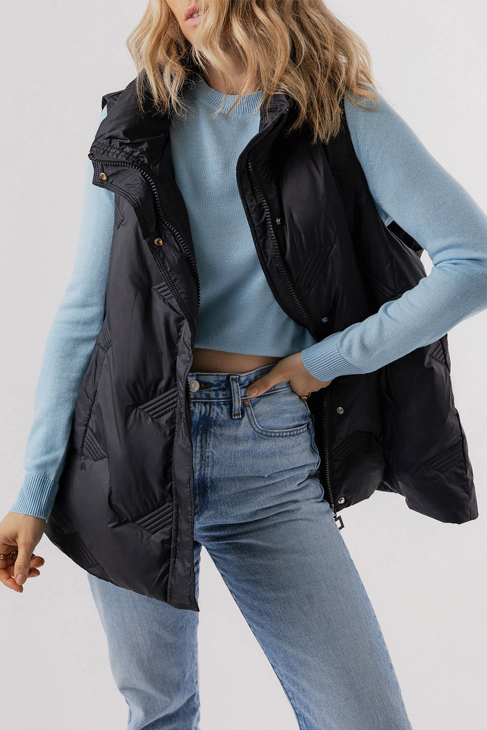 Black Quilted High Neck Zip Up Jacket Vest