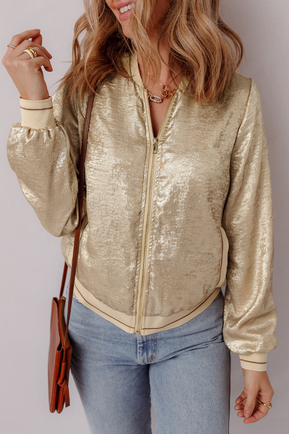 Metallic Pale Khaki Zip-Up Baseball Jacket