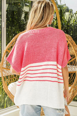 Strawberry Pink Contrast Striped Short Sleeve V-Neck Knitted Top