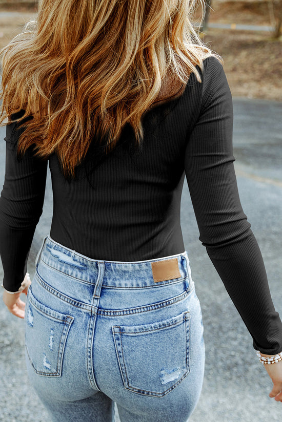 Black long sleeve ribbed knit mock neck top