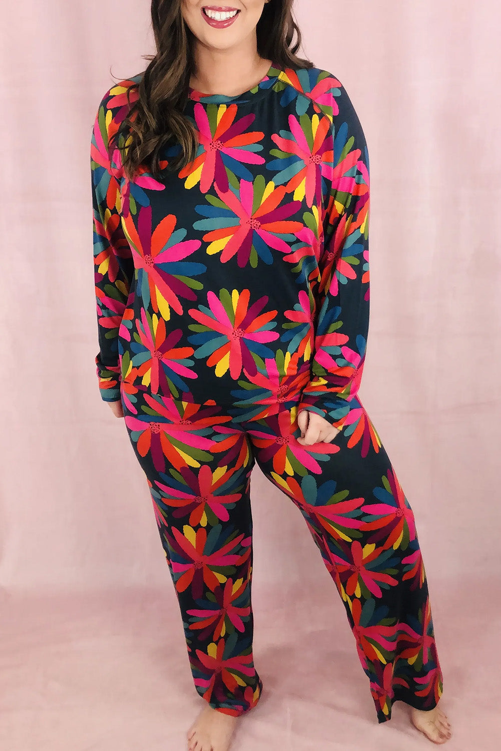 Black Long Sleeve Lounge Set with Plus Size Printed Pants