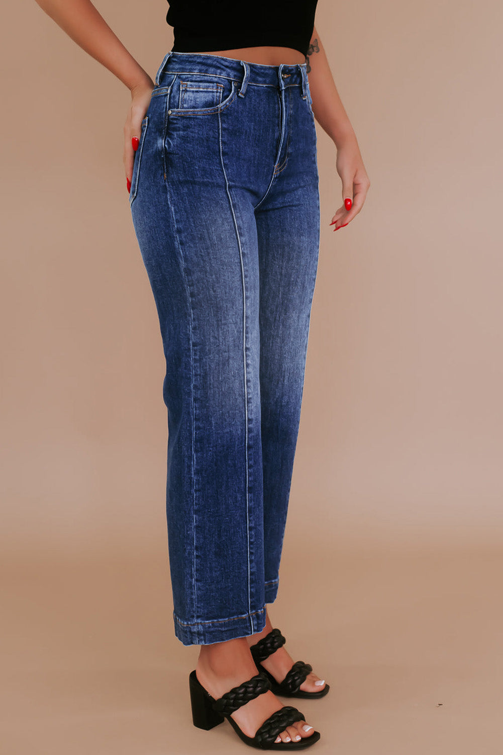 Navy Blue High Waisted Wide Leg Jeans with Large Seams