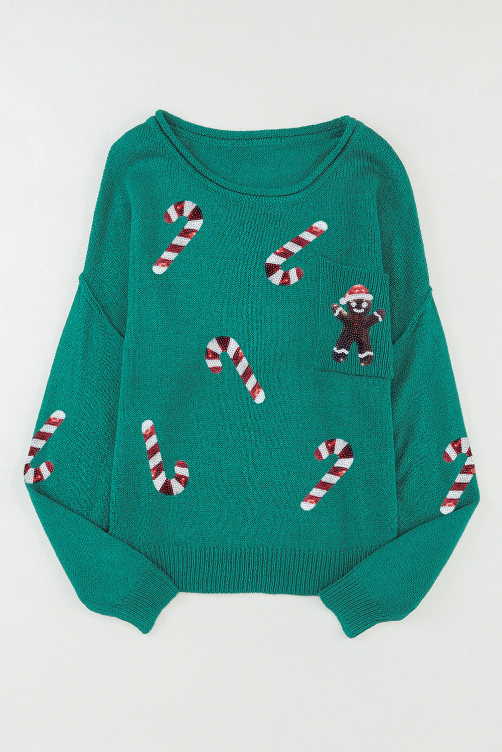 Grüne Pailletten -Candy Canes Lebkuchen Mann Pullover