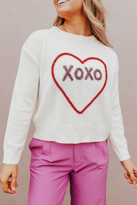 Weißes Herz Xoxo Muster Drop Schulterrippenstrickpullover