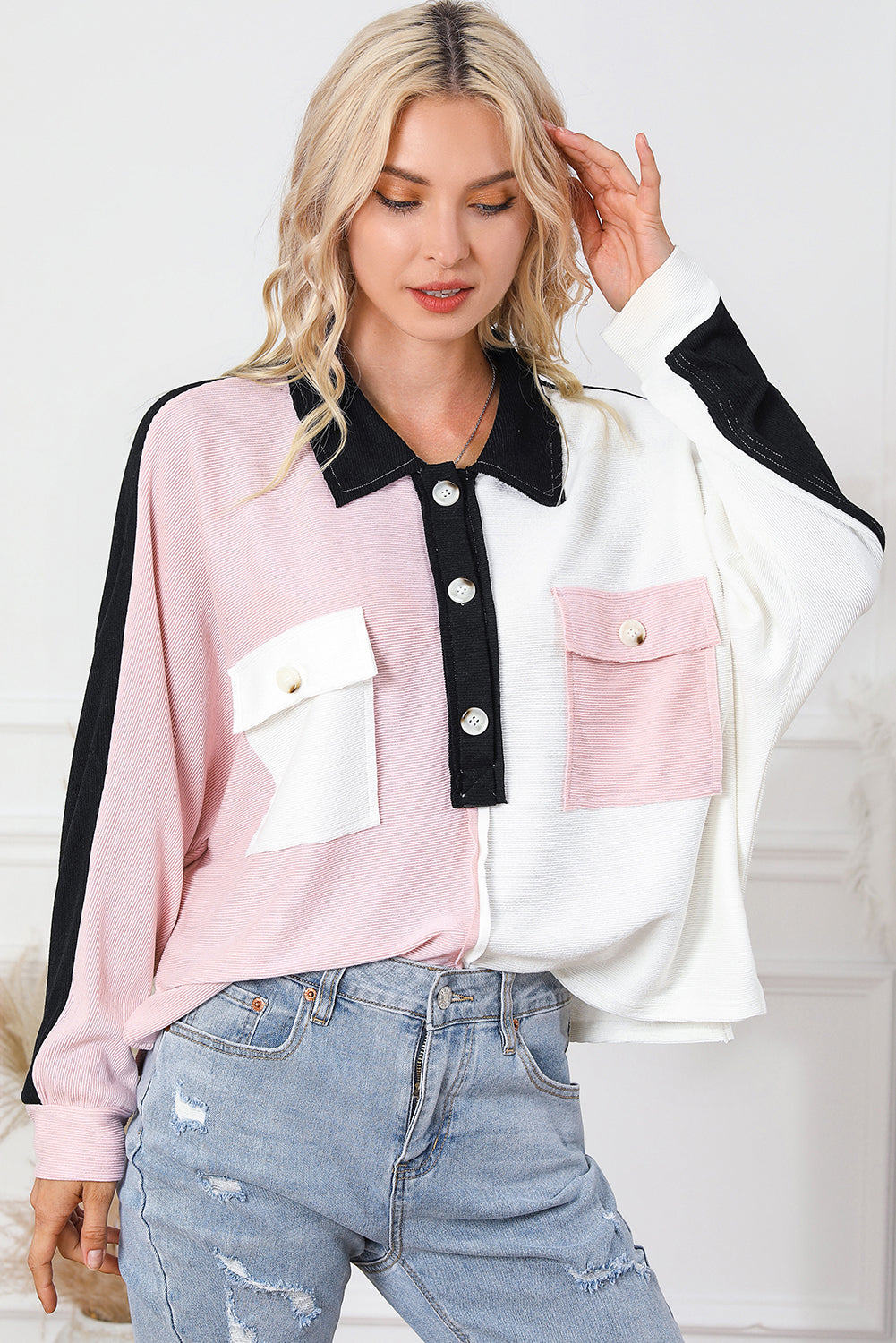 Multi-colored Henley Neck Top with Color Block Flap Pockets