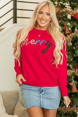 Pull ample à épaules tombantes avec lettres joyeuses Tinsel rouge ardent