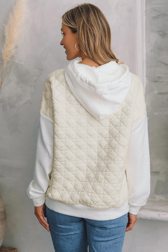 Beige hoodie with kangaroo pocket and quilted patchwork with dropped shoulders