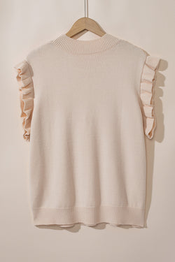 Oatmeal Plus Cable Knit Ruffle Short Sleeve Mock Neck Sweater