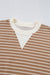 Khaki Textured Striped Crew Neck Long Sleeve Top with Patched Edges