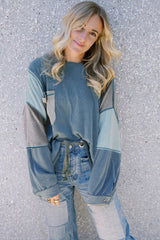 Twilight Blue Color Block Stitching Patchwork Button Up Long Sleeve Top