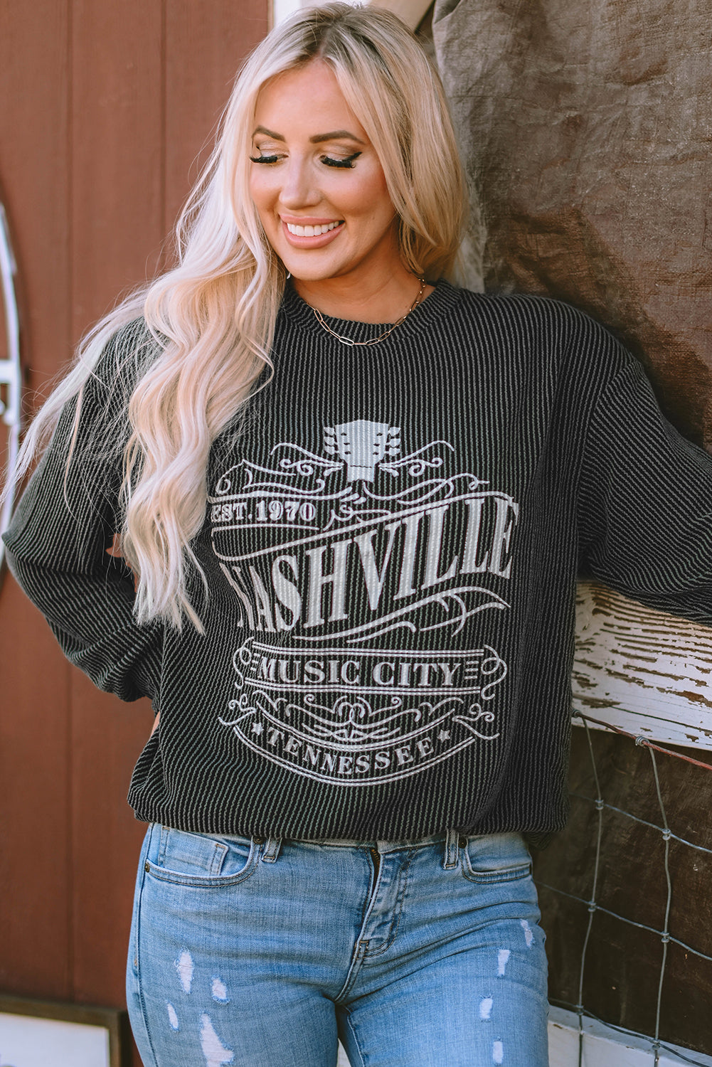 Black Nashville Music City Corded Graphic Sweatshirt