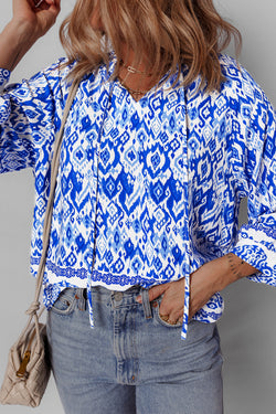 Blue blouse bohemian printed with 3/4 sleeve and tied collar