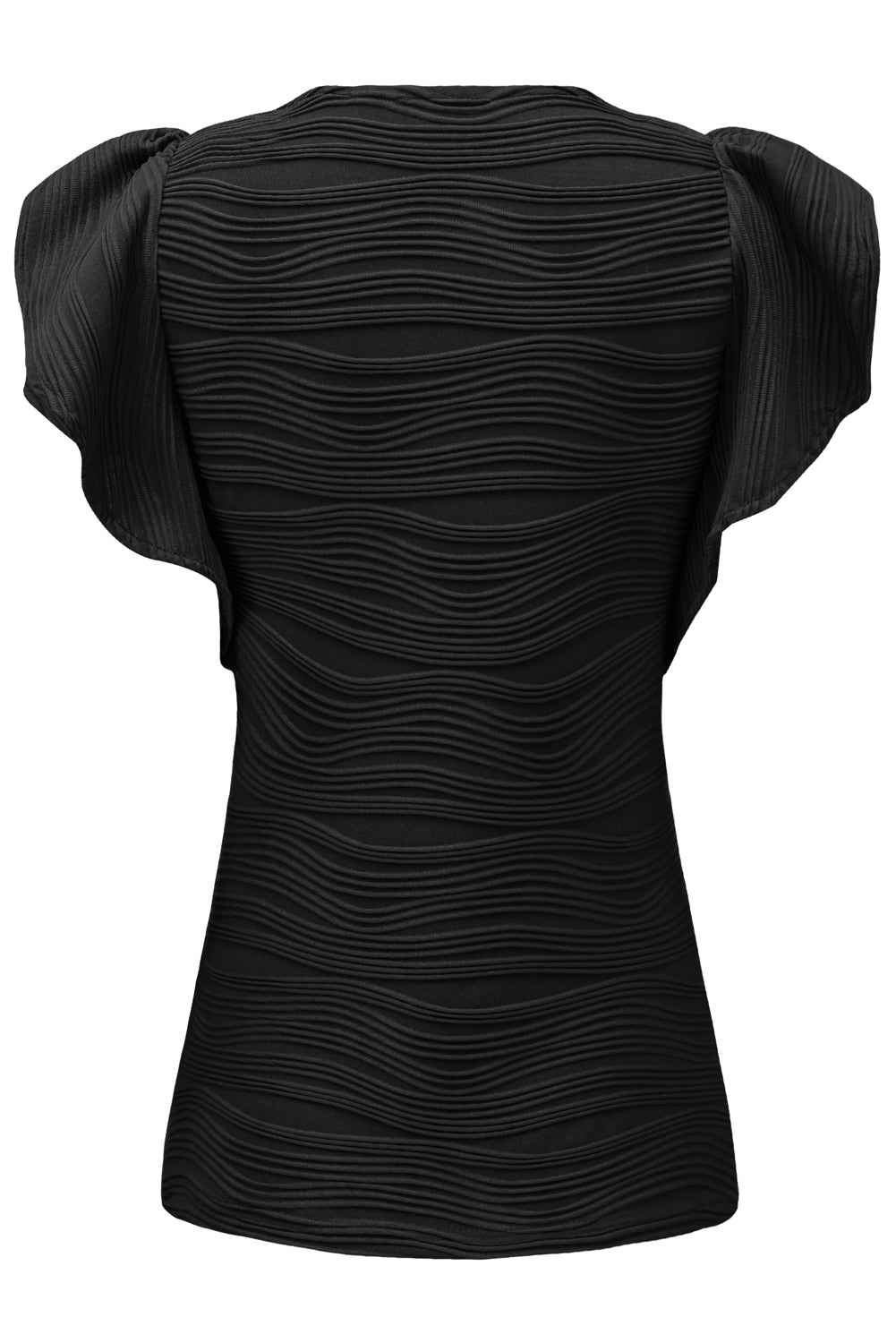 Black Wavy Textured Ruffle Sleeve Top