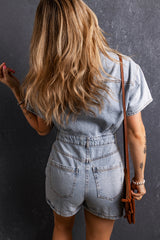 Combi-short en denim à poches et boutons délavés vintage bleu clair-A WOMAN WE LOVE