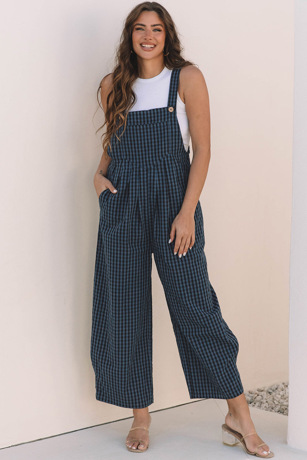 Blue Sail Plaid Print Buttoned High Waisted Overalls