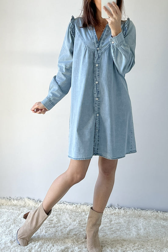 Myosotis - Straight denim dress with buttons, ruffles and V-neck