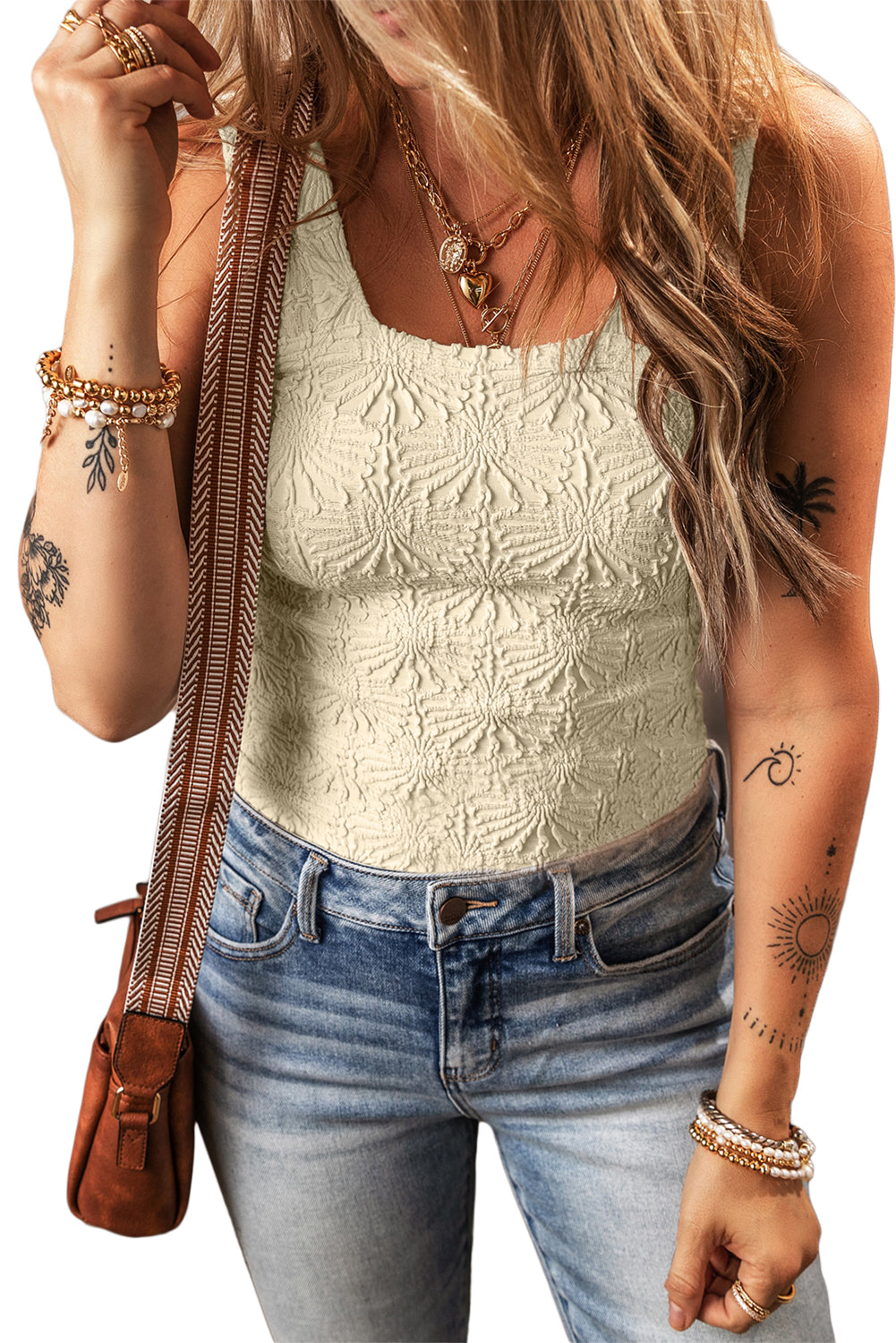 Weißer Blumen -Jacquard -Quadrat -Nacken -Top -Top