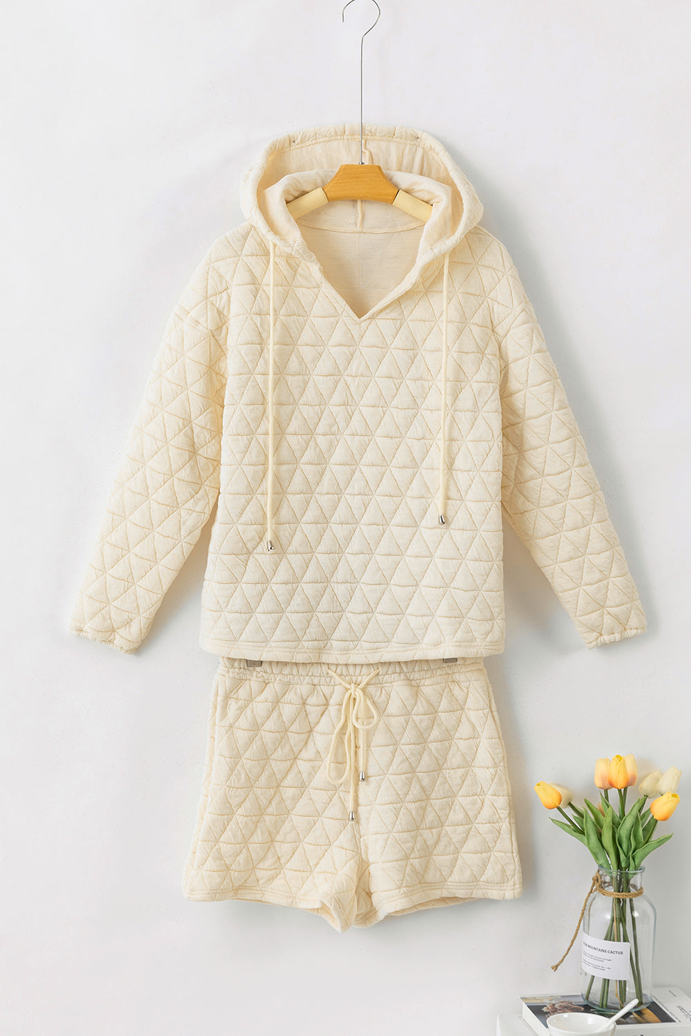 Beige Quilted V-Neck Drawstring Hoodie and Shorts Set