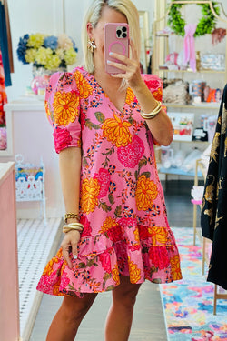 Pink Floral Mini Dress with Puff Sleeves and Ruffled V-Neck