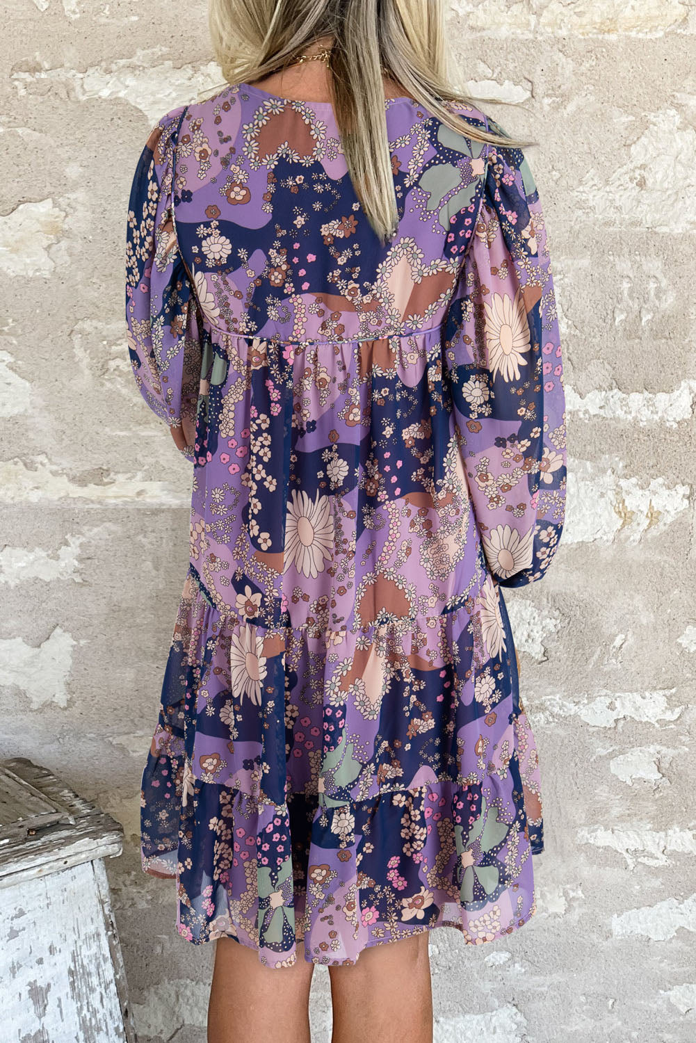 Vintage Daisy Purple Floral Puff Sleeve Ruffle Short Dress