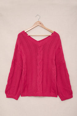 Pull en tricot tressé à col en V Rose Bubblegum