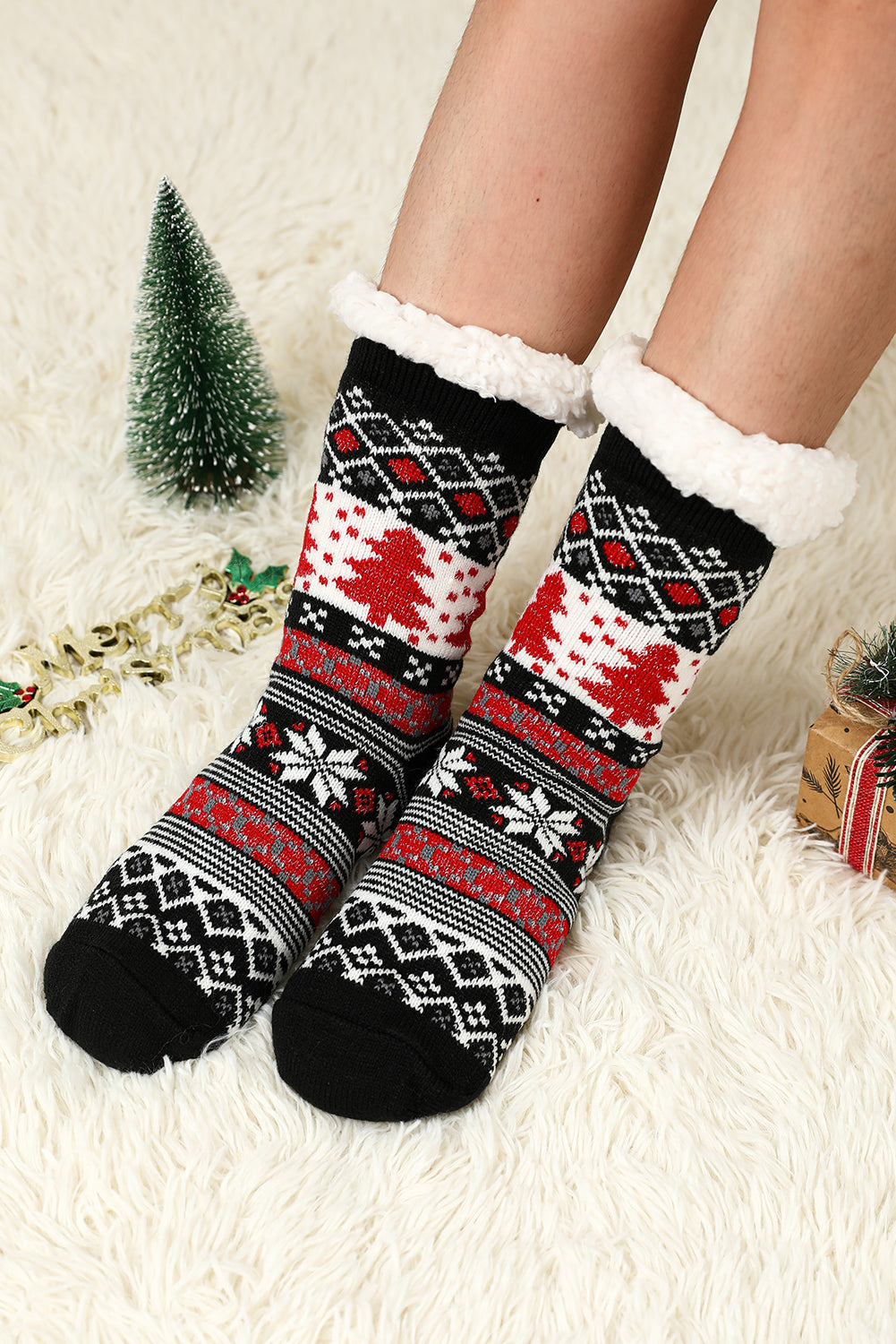 Chaussettes thermiques noires à motif d'arbre de Noël