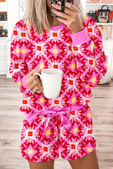 Ensemble haut à manches longues à imprimé géométrique rose Sachet et short à cordon de serrage-A WOMAN WE LOVE
